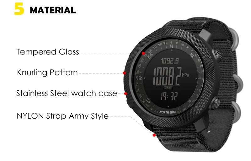 NORTH EDGE Sport da uomo Orologio digitale Ore Corsa Nuoto Esercito militare Orologi Altimetro Barometro Bussola impermeabile 50 m